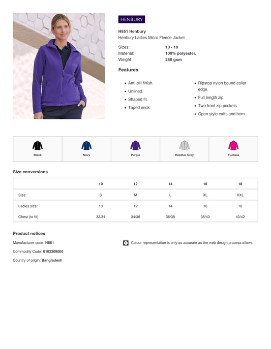 Henbury Ladies Micro Fleece Jacket | Various Colours