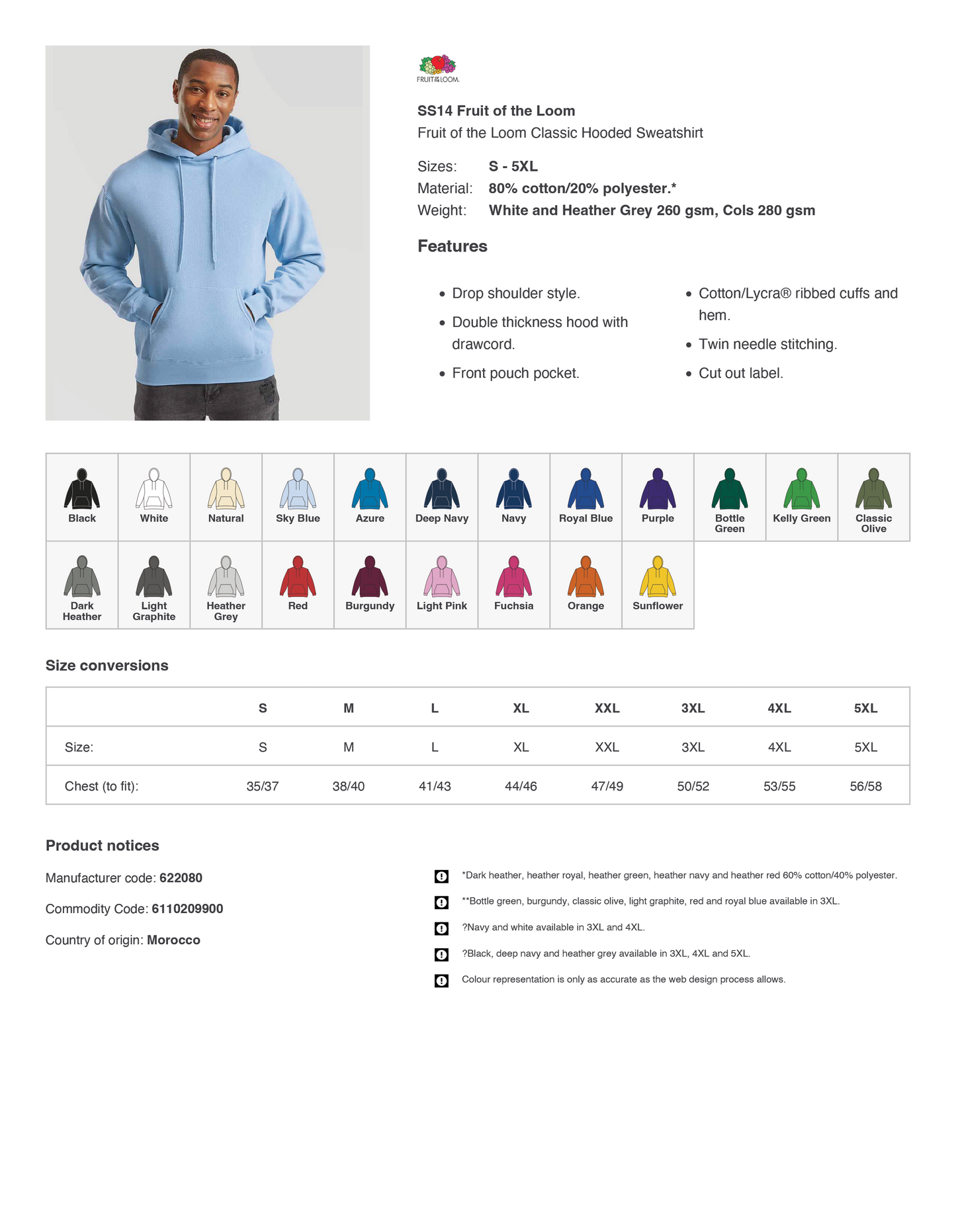 Fruit of the Loom Classic Hooded Sweatshirt | Various Colours
