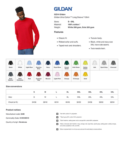 Gildan Ultra Cotton™ Long Sleeve T-Shirt | Various Colours