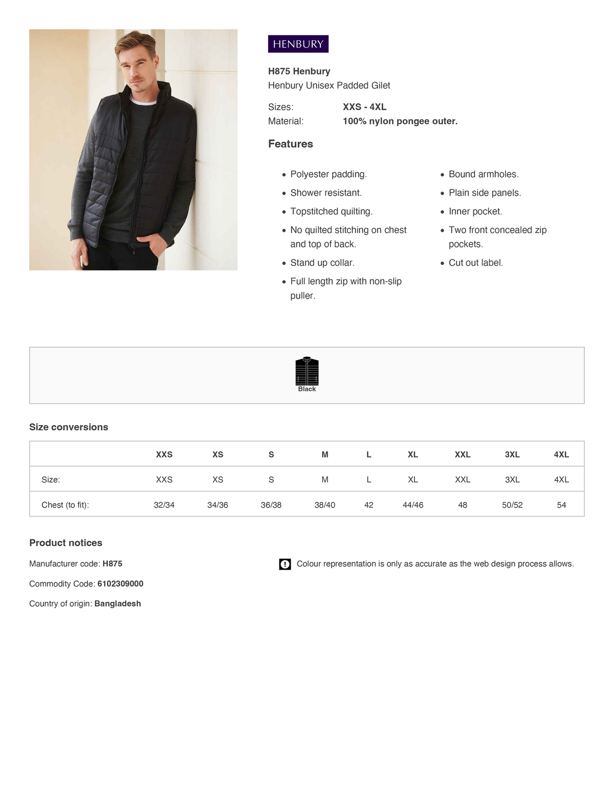 Henbury Unisex Padded Gilet | Black