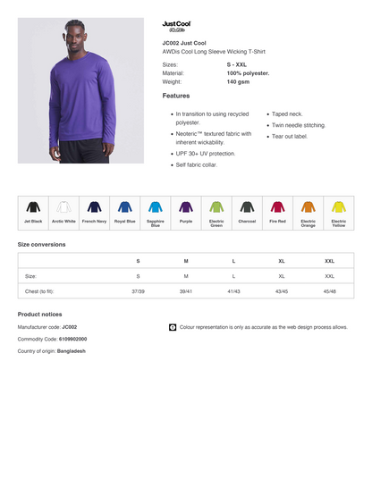 AWDis Just Cool Long Sleeve Wicking T-Shirt | Various Colours