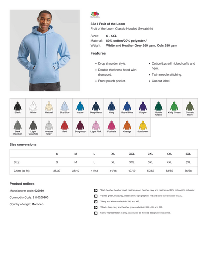 Fruit of the Loom Classic Hooded Sweatshirt | Various Colours